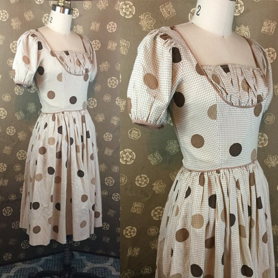 1950s Polka Dot & Gingham Puff Sleeve Dress - image 1