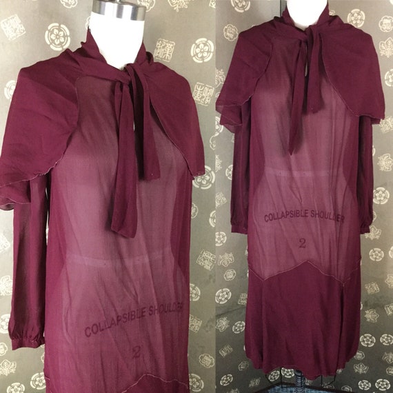 1920s Wine Chiffon Dress with Cape