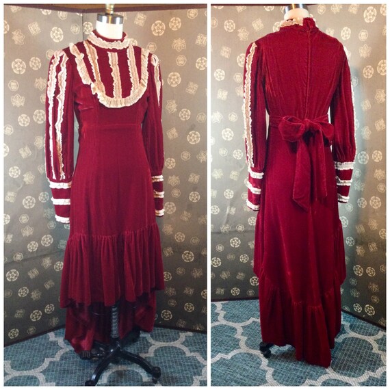 1960s Red Velvet Dress with Uneven Hem - image 1