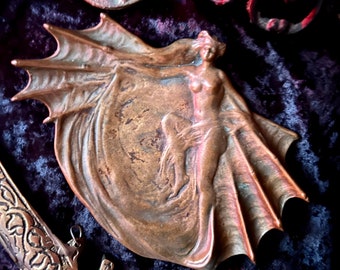 Art Nouveau Pin Tray Victorian Gothic Vampire Demon Devil Woman Occult Witchcraft Romantic Bronze Halloween Very Rare