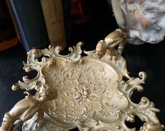 Incredible Antique Art Nouveau Bronze Offering Dish Tray Devils Demons Goblins Victorian Elemental Fire Spirits Occult