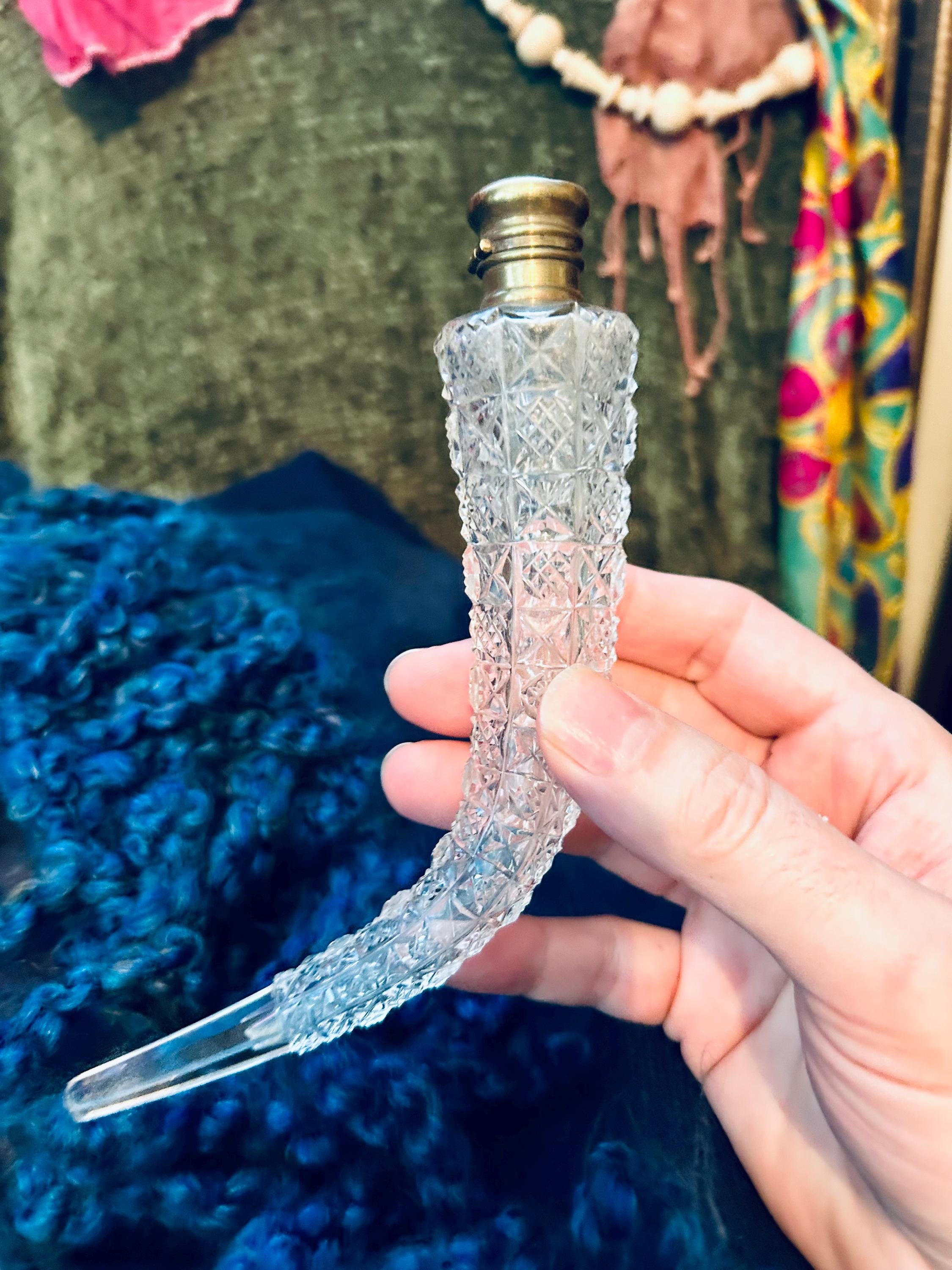 Victorian Cut Crystal Glass Curved Horn Shaped Flip Top Scent