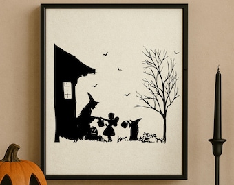 Witch House Silhouette Framed Canvas Print | Halloween | Trick or Treat | Sign | Fall | Autumn