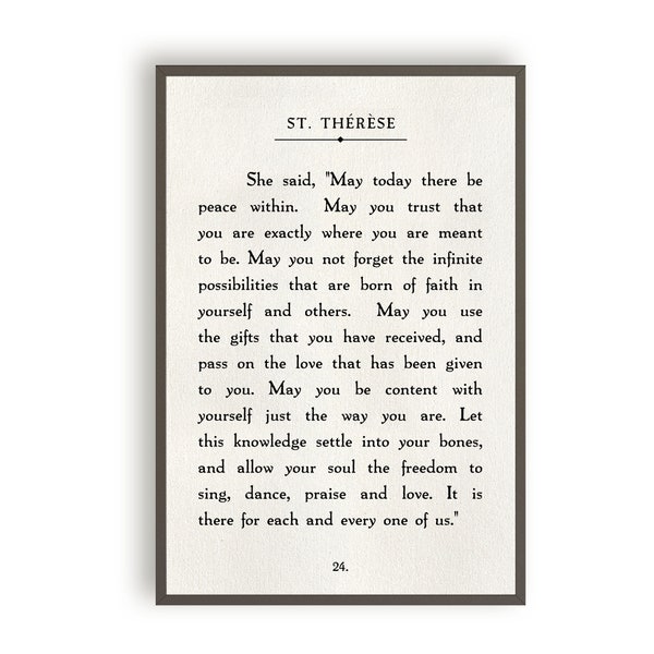 St. Therese Book Page Quote | May Today There Be Peace Within | Framed Canvas