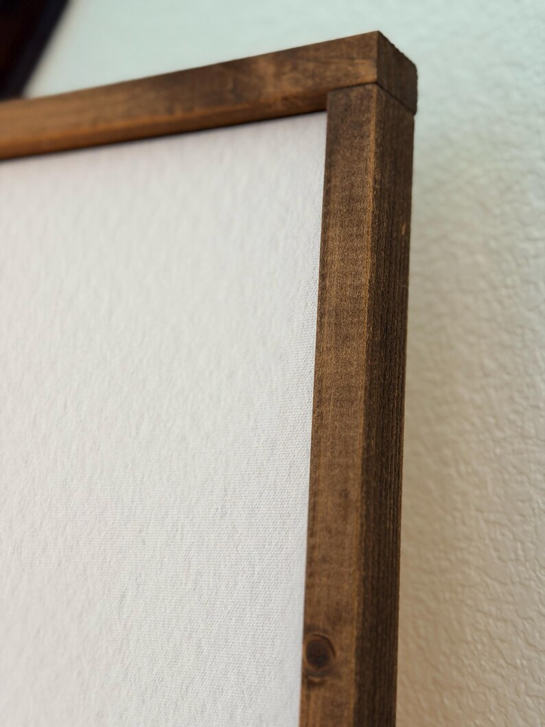 Puede incluir: Primer plano de un lienzo enmarcado. El marco es de madera marr&oacute;n oscuro, con vetas visibles y forma rectangular. El lienzo es blanco y tiene una superficie texturizada. Se ve la esquina del marco, mostrando la uni&oacute;n.