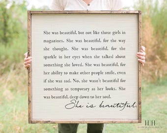 She Is Beautiful Canvas | Wood-framed Art | Inspirational Quote for Girls and Women | Girl Room Decor | Modern Farmhouse