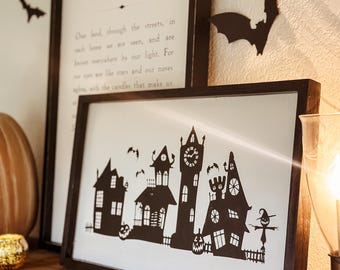 Halloween Village Framed Canvas Print | Jack O Lantern | Pumpkins | Fall | Autumn | Farmhouse Sign |