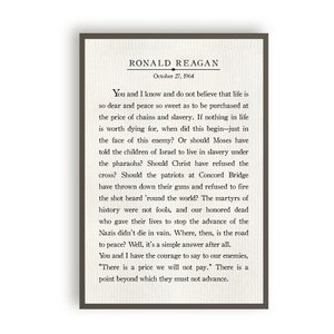 Puede incluir: Impresi&oacute;n enmarcada con una cita de Ronald Reagan, fechada el 27 de octubre de 1964. El texto est&aacute; en una fuente serif cl&aacute;sica sobre un fondo blanquecino, dentro de un marco marr&oacute;n oscuro. Ideal para decoraci&oacute;n.