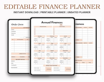 May include: Editable printable finance planner with sections for annual finances, monthly overview, and order form. The planner has a peach and black colour scheme.