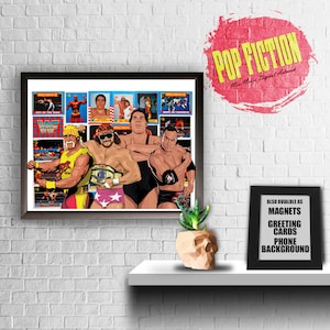 May include: A framed print featuring a collage of vintage wrestling trading cards and illustrations of famous wrestlers. The print includes the text "POP FICTION" and is available as magnets, greeting cards, and phone backgrounds.