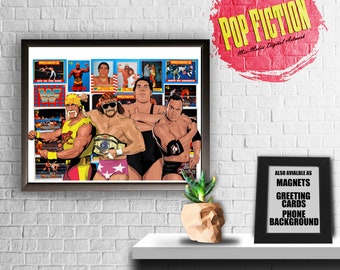 Macho Man, Hulk Hogan,Andre The Giant, The rock, Wrestlers.