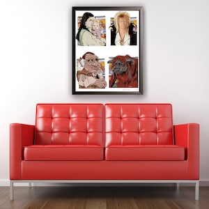 May include: Framed art print featuring four panels of illustrations from the movie Labyrinth. The panels include images of Sarah with Toby, Jareth, Hoggle, and Ludo. The print is displayed above a red leather couch.