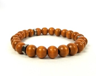 Men's Wood Bead Bracelet with Stainless Steel Accents