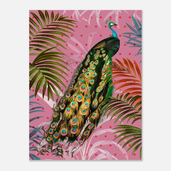 Regal Vintage Peacock, Pink Decorative Flower Art, Maximalist Hollywood Regency, Wall Art Print