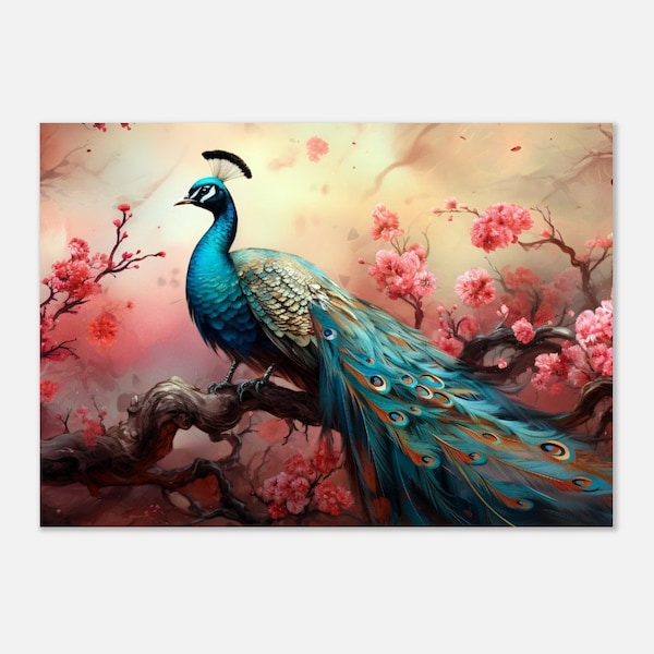 Tropical Peacock Print with Gold on Pink Background, Maximalist Hollywood, Regency Wall Art, Trendy Jungle Decor, Semi-Glossy Paper Poster