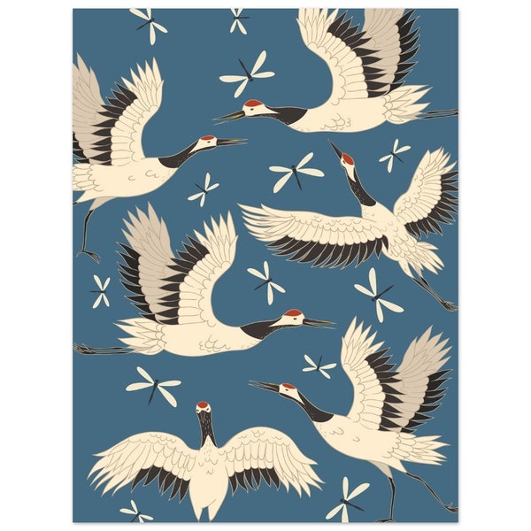 Vintage Style Print, Japanese Cranes, Birds with Dragonflies on Blue Background, Maximalist Hollywood Regency Wall Art Print