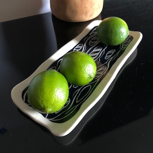 Unique Handmade Ceramic Dish Black and White Carved for Chopsticks, Jewelry or Candy
