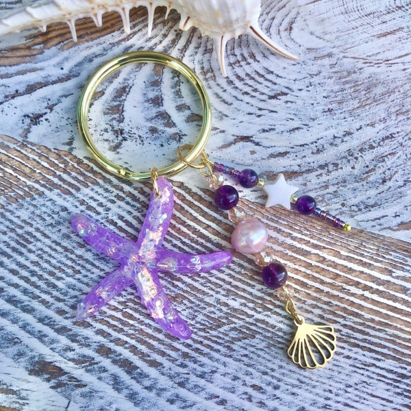 Purple Starfish Keychain | Beach Accessories | Purple | Fresh Water Pearl | Amethyst | Mother Of Pearl | Stars | Seahorse | Key Ring | Charm