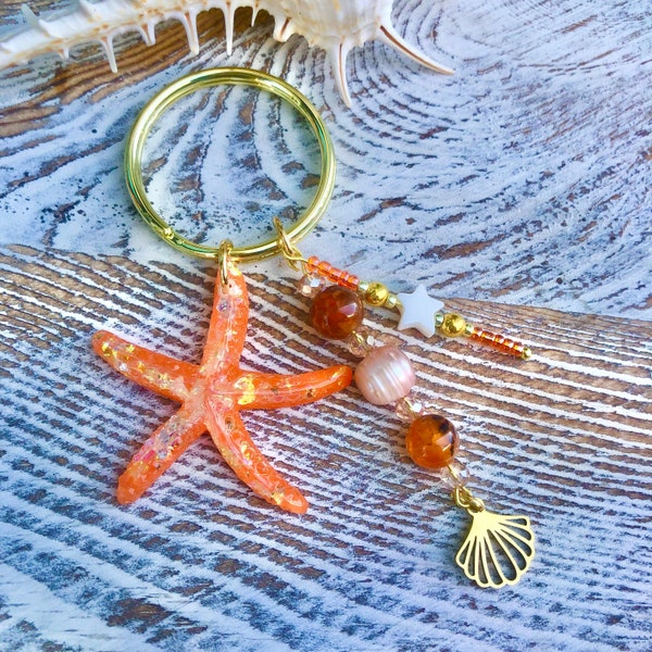 Orange Starfish Keychain | Beach Accessories | Orange | Fresh Water Peal | Carnelian | Mother Of Pearl | Stars | Shell | Key Ring | Charm