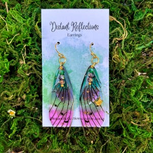 Green, Purple, Pink Butterfly Wing Dangle Earrings | Resin | Handmade Jewelry | Woodland Jewelry | Cottage Core | Fairycore | Fairy | Beaded
