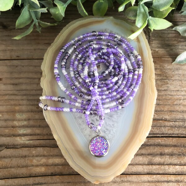 Mermaid Alana Charmed Waist Beads | Purple | White | Belly Chain | Belly Beads | Beaded Body Jewelry | Seed Bead Jewelry | Boho Jewelry