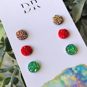 Mini Druzy Earring Set | Set of 3 Faux Druzy Studs | Hypoallergenic Stainless Steel | Resin Druzy Earrings | Stud Earrings