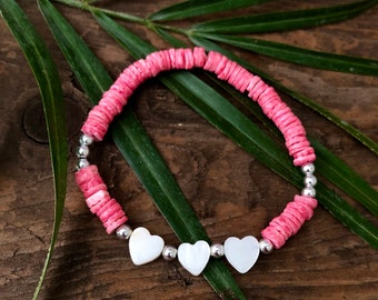 Nacre | Bracelet Coquillage Puka | Bijoux de plage| Bracelet coquillage | Bracelet Rose | Bracelet bohème | Bracelet coquillage coeur | Bracelet extensible