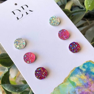Mini Druzy Earring Set | Set of 3 Faux Druzy Studs | Hypoallergenic Stainless Steel | Resin Druzy Earrings | Stud Earrings