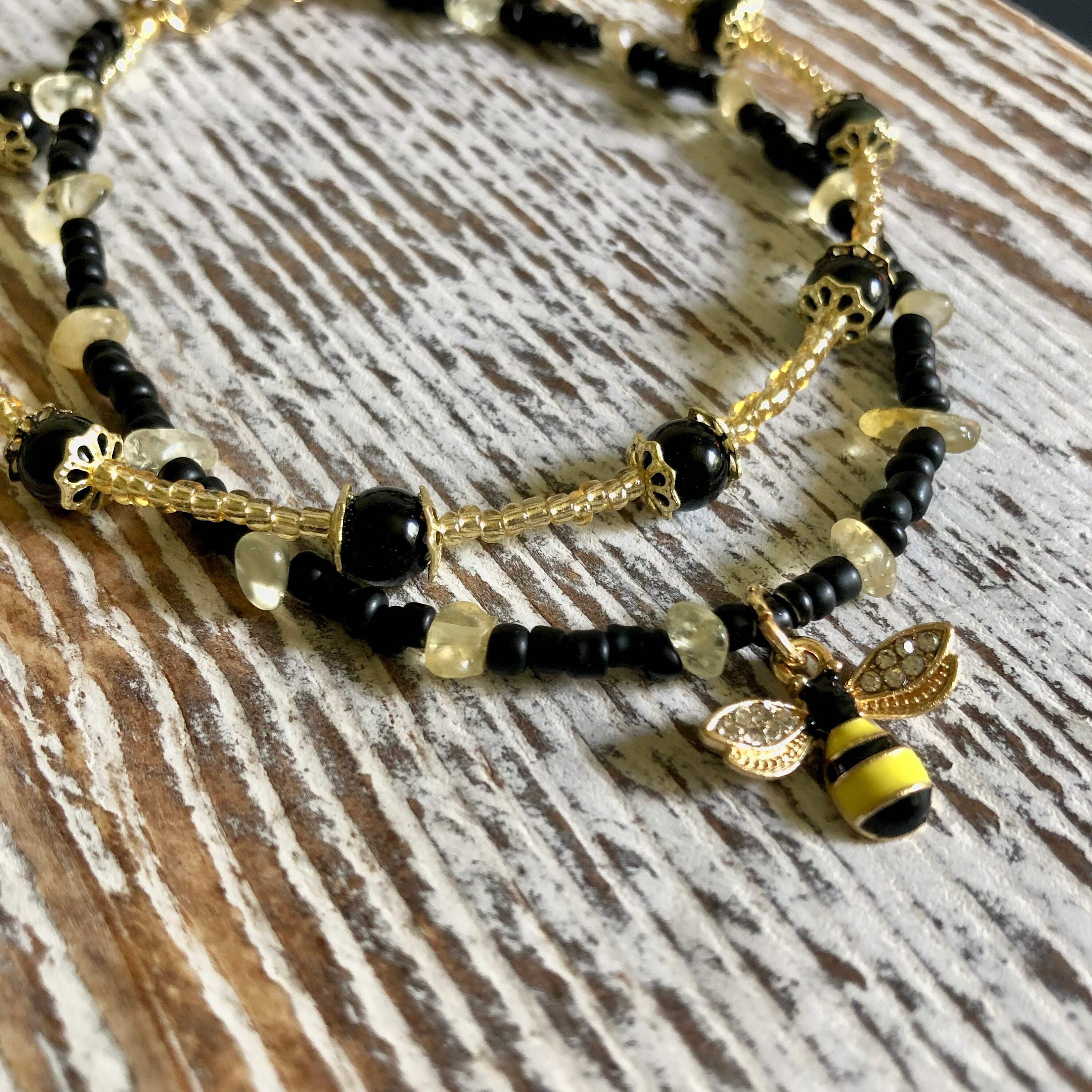 Obsidian & Citrine Beaded Anklet Rhinestone Bee Charm