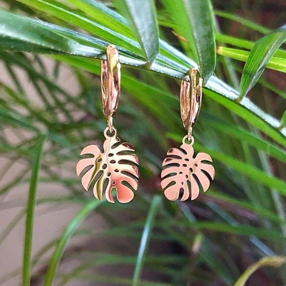 14K Gold Plated Palm Leaf Huggie Earrings, Beach Jewelry, Hoop Earrings