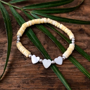 Mother Of Pearl| Puka Shell Bracelet| Beach Jewelry| Shell Bracelet| Yellow Bracelet| Boho Bracelet| Heart Shell Bracelet| Stretch Bracelet