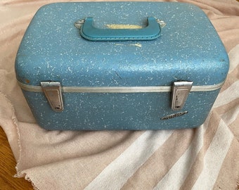 Vintage Tour-Lite By Neevel Powder Blue Speckle Train Hard Case Luggage Retro
