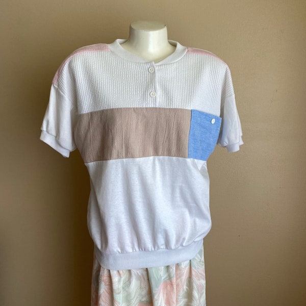 Vintage Act III White M Color Block Short Sleeve Polo Blouse