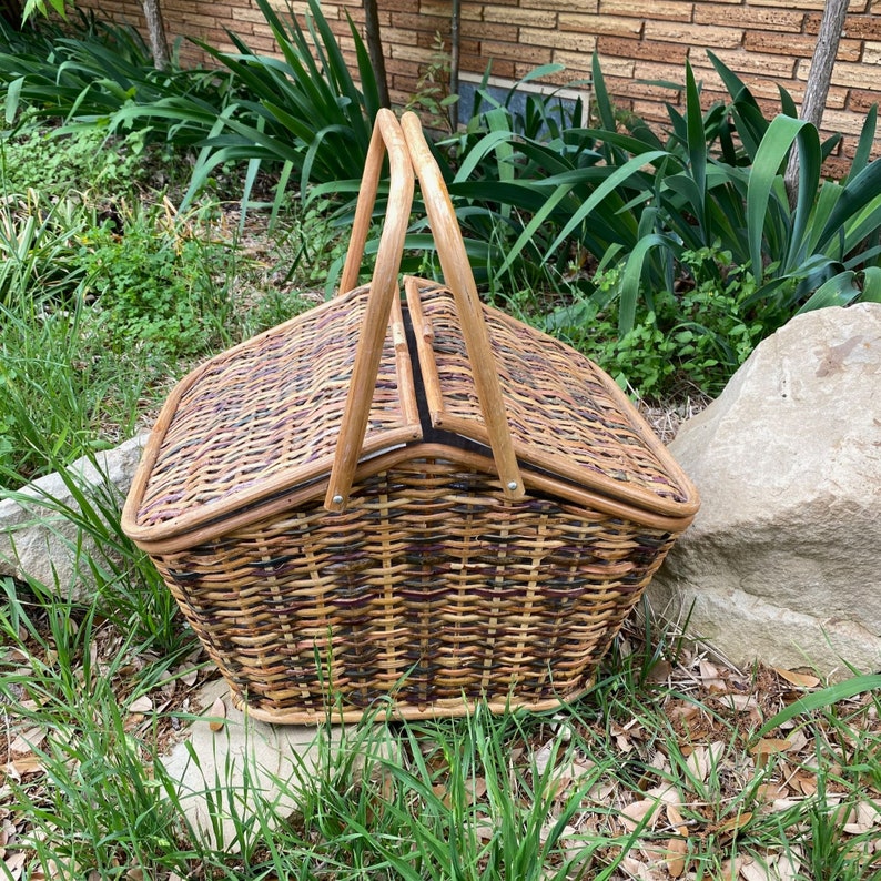 Vintage Colorful Wicker Rattan Picnic Basket Double Lid Fully Etsy