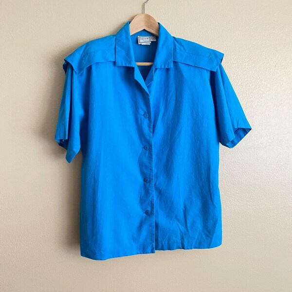 VTG Applause III by Marge Kane Sz 12 Short Sleeve Blue Button Blouse USA Sailor