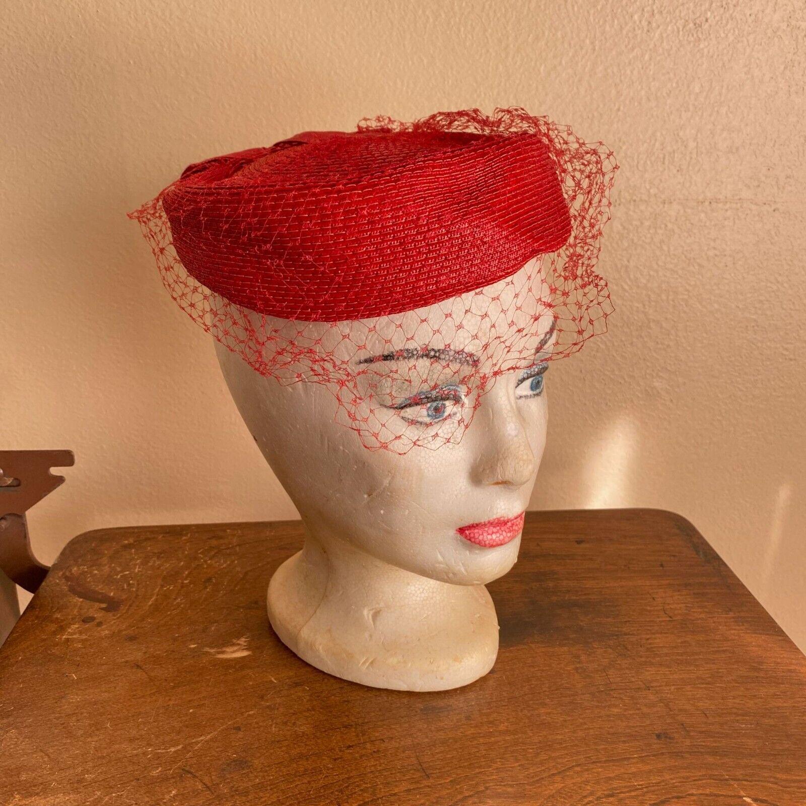 Vintage Union Made Pill Box Hat Red Red Wool Contoured Vintage Styled Pill Box Hat-Church Hat  main image 4