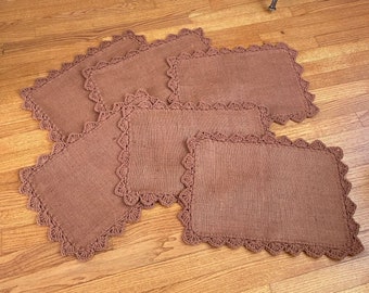 Vintage Set of 6 Brown Placemats Burlap Scalloped Crochet Border Edge Rectangle