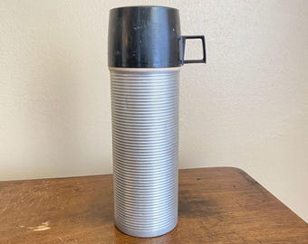 Vintage Thermos Pint Size Ribbed Bottle Black Cup Made in America For Decor