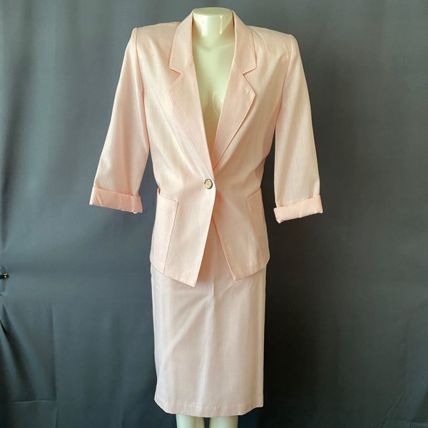 Vintage Sag Harbor Petite Size 10 Pastel Pink Pencil Skirt Suit Blazer 90s 2pc