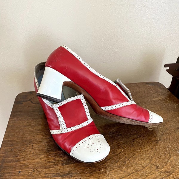 VTG H.H. Watson's Good Shoes 10AA Red Yellow Leather Pumps Chunky Heel 60s/70s