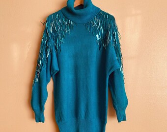Suéter túnica de cuello alto azul verdoso/azul P.A. International M con cuentas estilo años 80