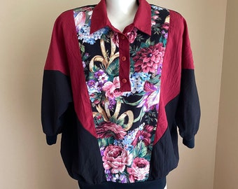 VTG Silver Threads 2X Floral 3/4 Sleeve Pullover Top Maroon Black Windbreaker