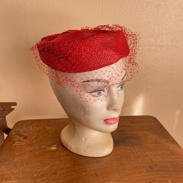 Vintage Union Made Red Straw Pillbox Hat with Veil and Bow Midcentury Fascinator