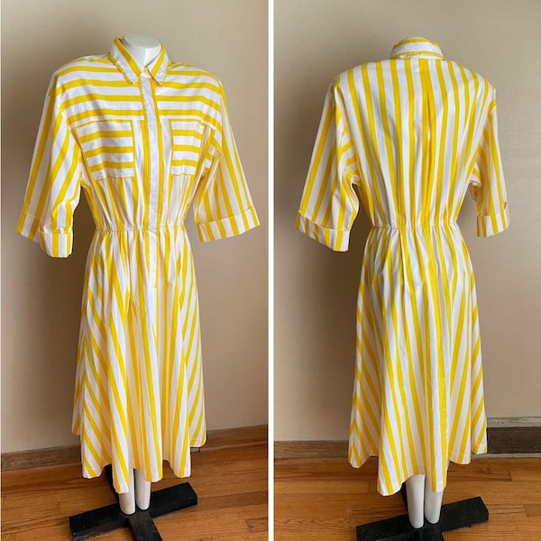 Vintage Sunshine Starshine Halmode Sz 16 Yellow White Stripe Shirt Dress Pockets