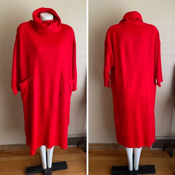 Vintage Clovis Ruffin L Red Sweater Dress Turtle Neck Pockets Short Half Sleeve