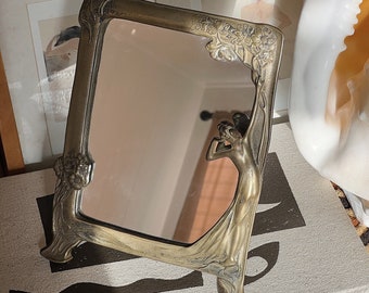 Antique “The Echo” Art Nouveau Brass Woman Frame Mirror