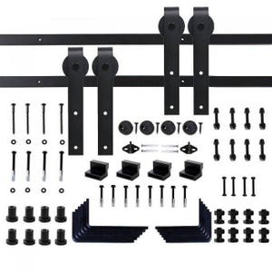 May include: Black sliding barn door hardware kit with two rollers, two door handles, two track pieces, and various mounting hardware. The kit includes screws, brackets, and an Allen wrench.