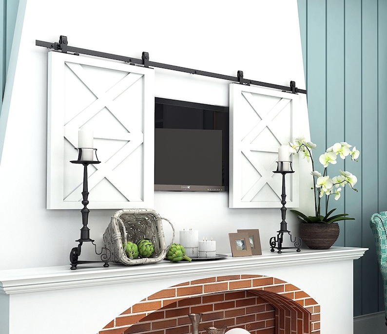Mini Sliding Barn Door Hardware Kit, Track, Bend T-Shape Design, Black Rustic with Industrial Strength Hangers, Perfect for Cabinet, Window image 1