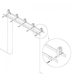 May include: A diagram showing how to install a sliding door track system. The track is made of metal and has multiple mounting points. The diagram shows the track being installed on a wall and the door being attached to the track.