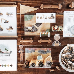 Veículos de Construção - Cartões Montessori de 3 Partes | ESPANHOL BILÍNGUE | Baixar | Arte em aquarela | Caixa sensorial para brincadeiras escolares em casa